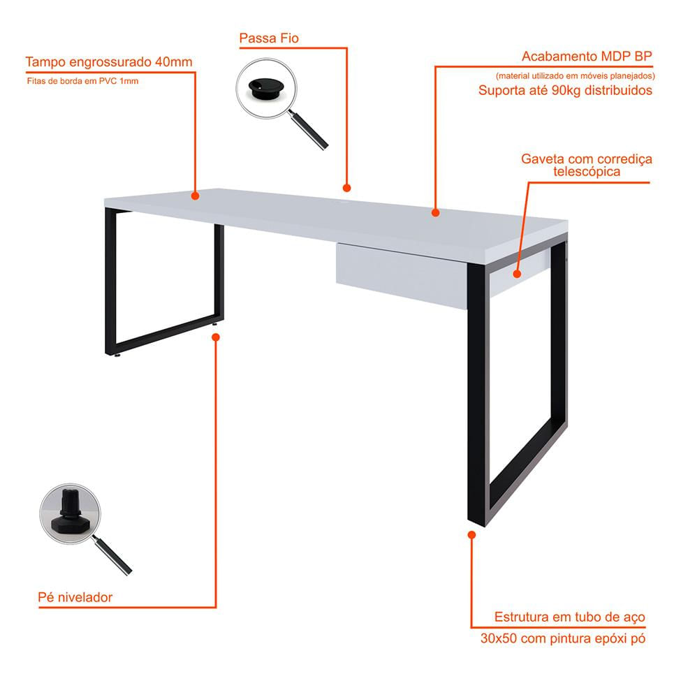 Mesa de Escritório Retangular Miguel 1 GV Branca e Preta 190 cm