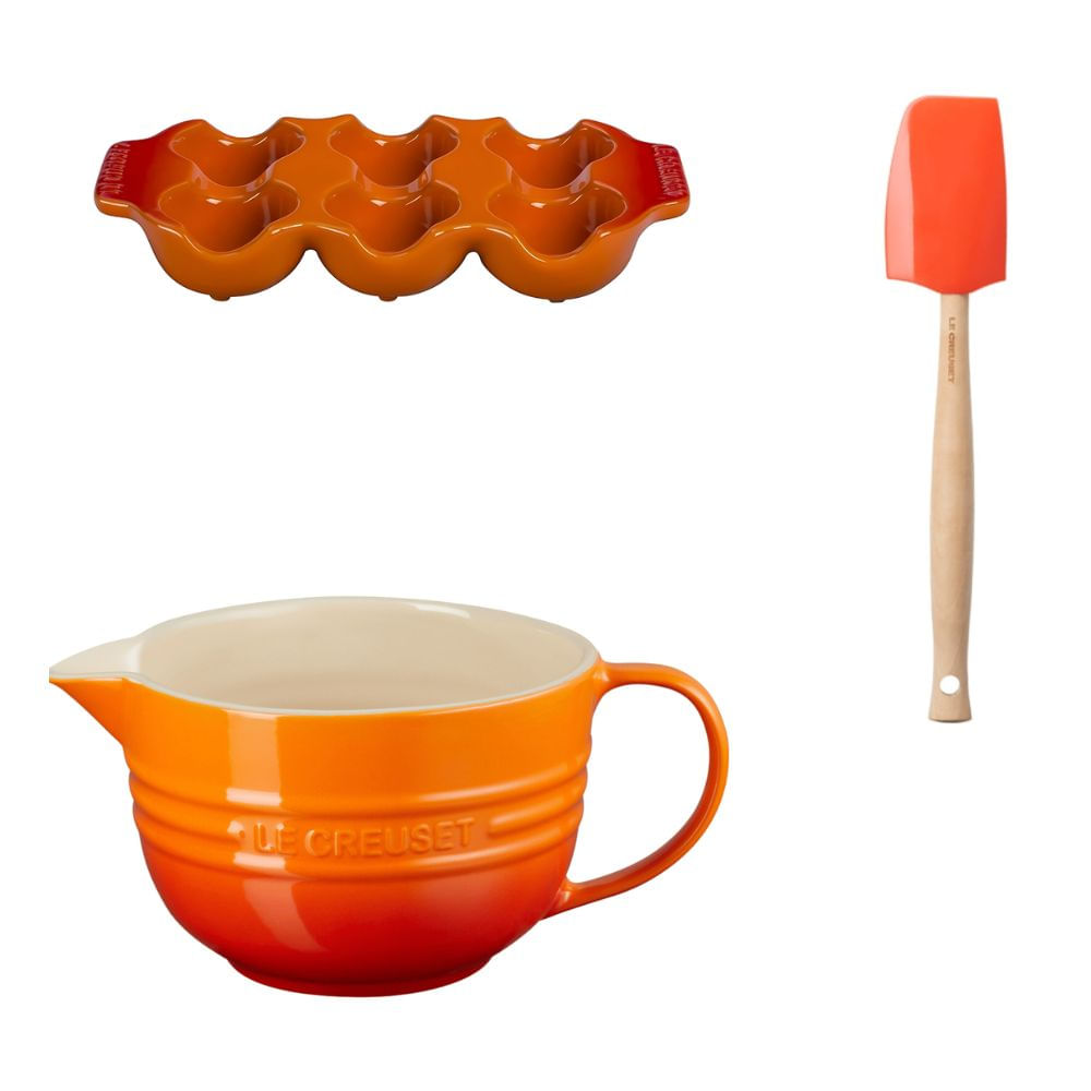 KIT LE CREUSET BOWL PREPARO 2L BANDEJA 6 OVOS E ESPATULA MEDIA LARANJA