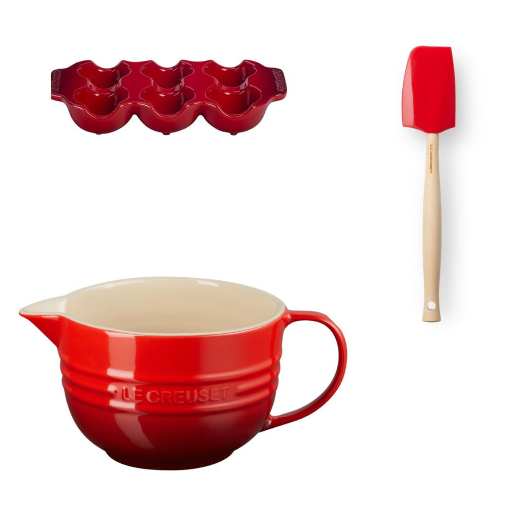 KIT LE CREUSET BOWL PREPARO 2L BANDEJA 6 OVOS E ESPATULA MEDIA VERMELHO