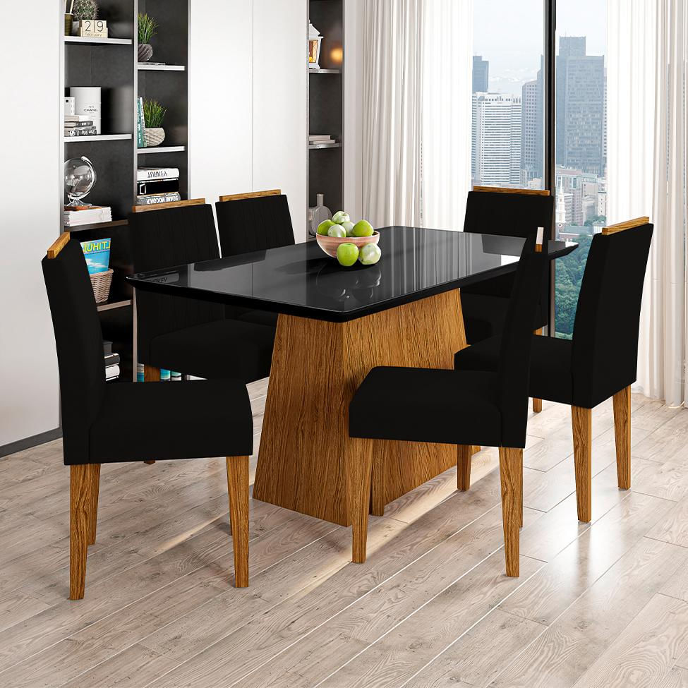 Conjunto de Mesa de Jantar com Tampo de Vidro Bárbara e 6 Cadeiras Ana Veludo Preto