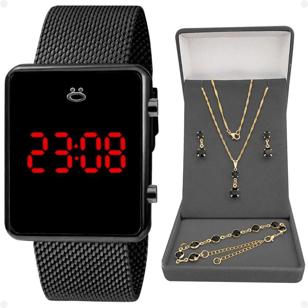 Relogio Preto Digital Feminino + Brincos + Colar Strass Quadrado Casual Pulseira Ajustável Presente