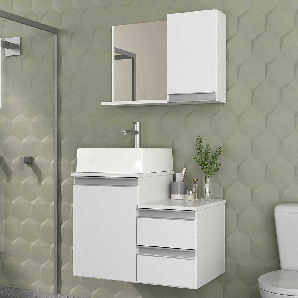 Conjunto Gabinete Banheiro Cross 60 (gabinete+espelheira+cuba) Branco Inteiro