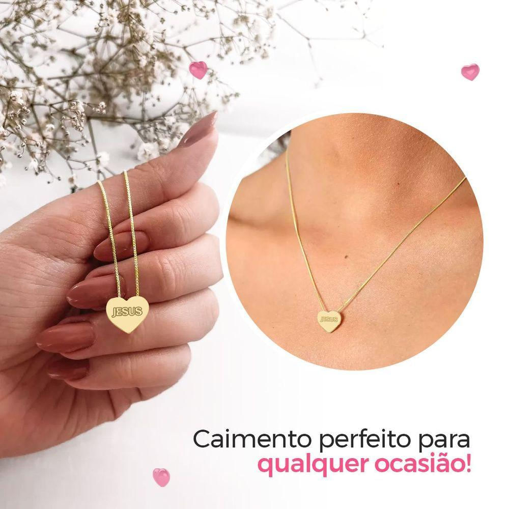 Colar Feminino Aço Dourado + Caixa + Pingente Jesus Coração Presente Social Casual Qualidade Premium