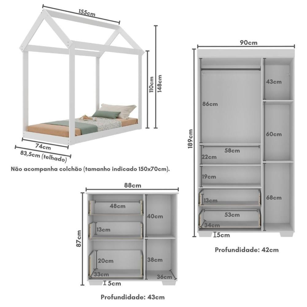 Quarto Infantil Com Cama Montessoriana Algodão Doce Multimóveis Mx4267 Branco