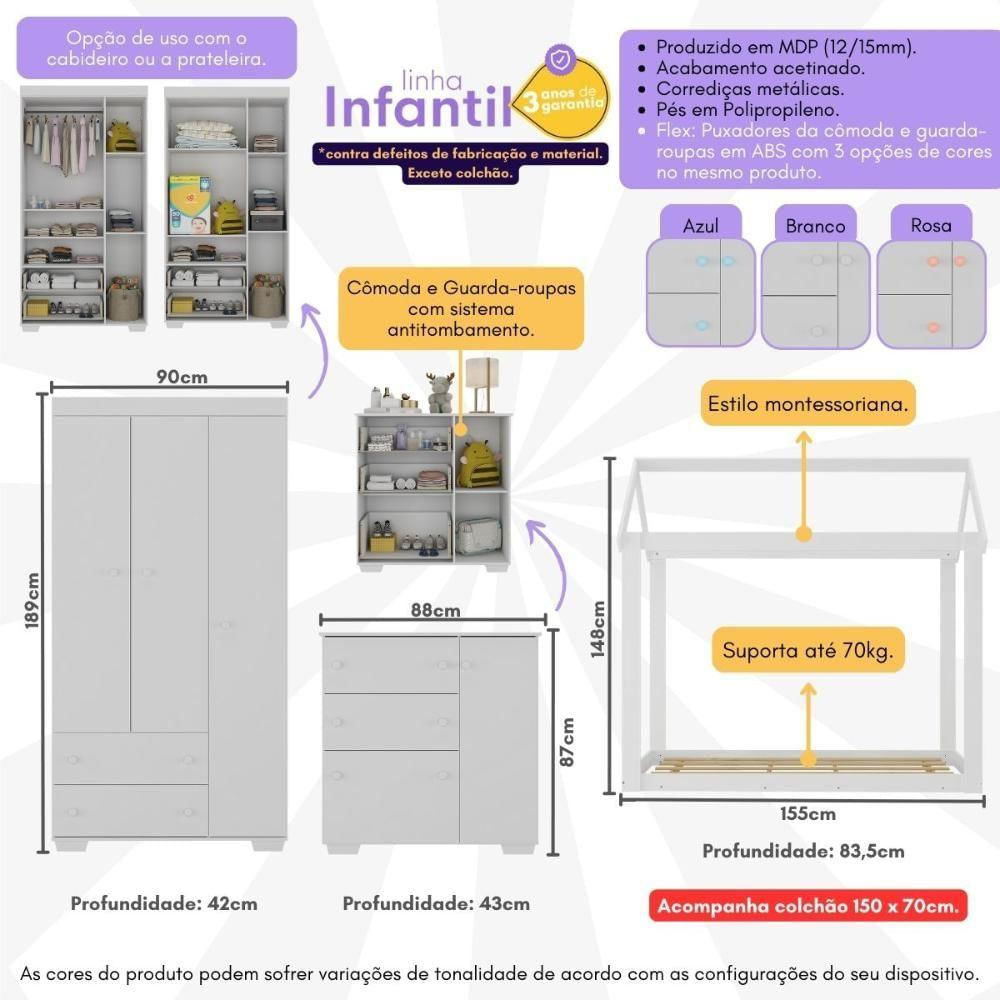 Quarto Infantil Com Cama Montessoriana E Colchão Incluso Algodão Doce Multimóveis Mx4268 Branco