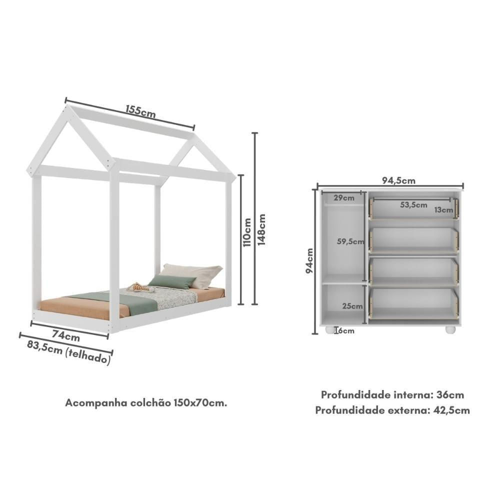 Cama Infantil Montessoriana Com Colchão Incluso E Cômoda Pimpolho Multimóveis Mx4282 Branco