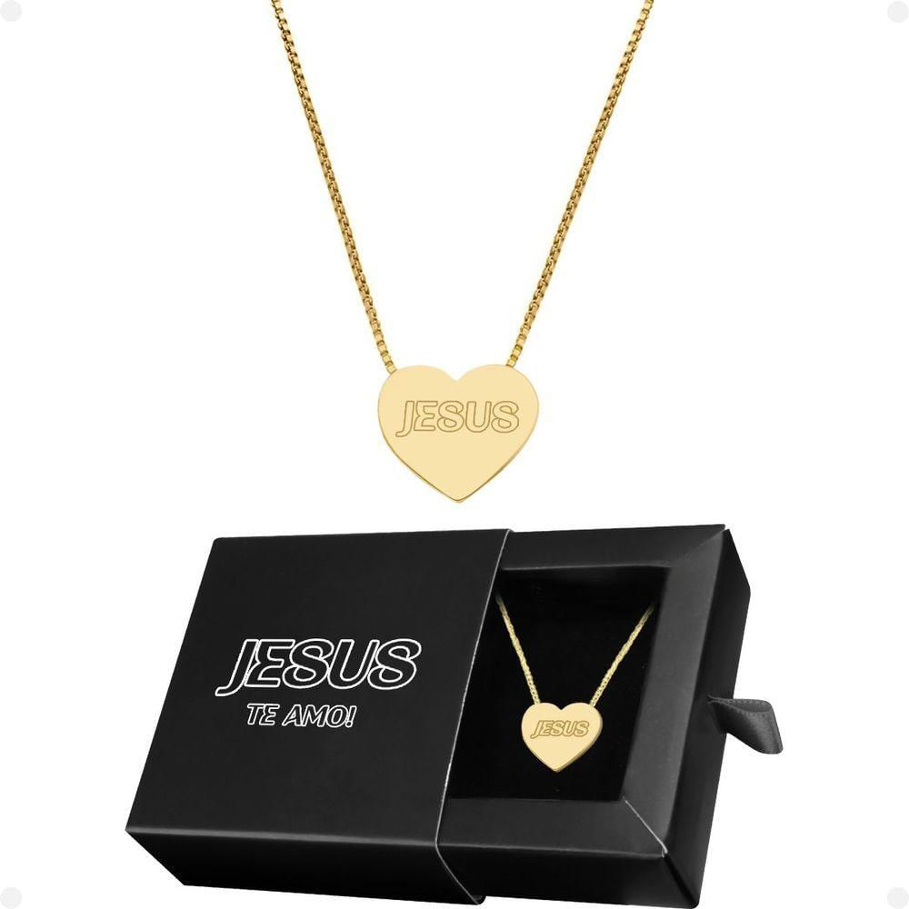 Colar Feminino Aço Dourado + Caixa + Pingente Jesus Coração Presente Social Casual Qualidade Premium