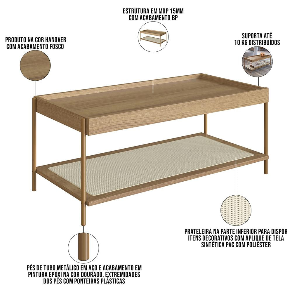 Mesa de Centro Para Sala de Estar Industrial Indy A03 Hanover Dourado - Lyam Decor