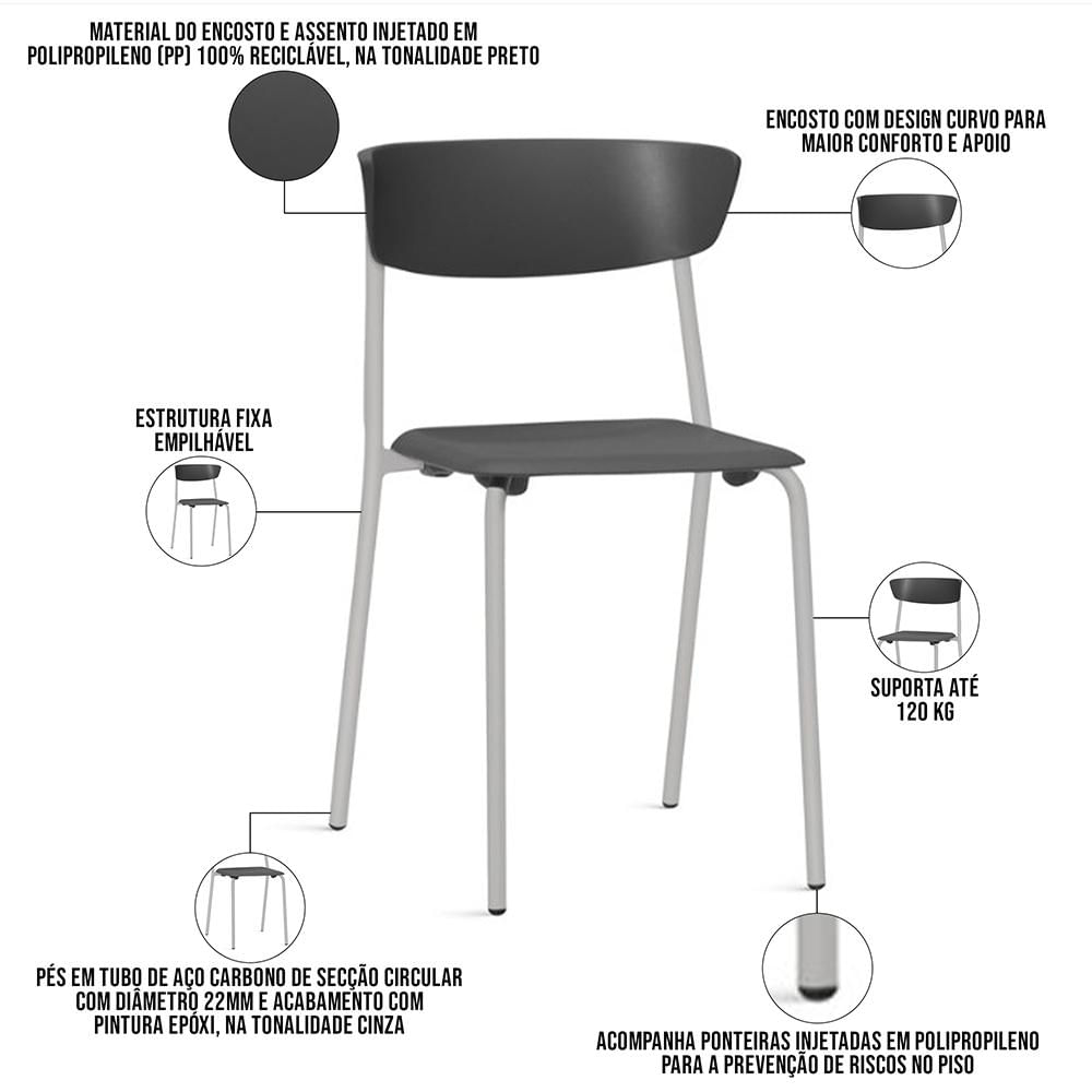 Cadeira Empilhável Fixa Atom F02 Base Aço Cinza Preto - Lyam Decor