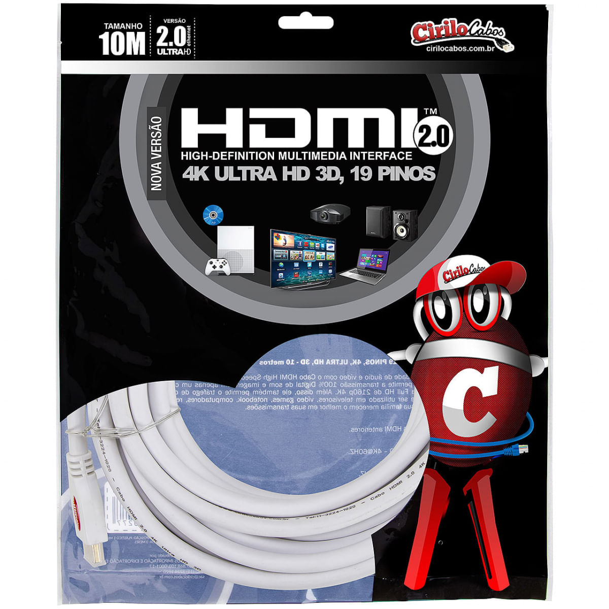 Cabo HDMI 2.0 4K Ultra HD 3D, Branco - 10 Metros