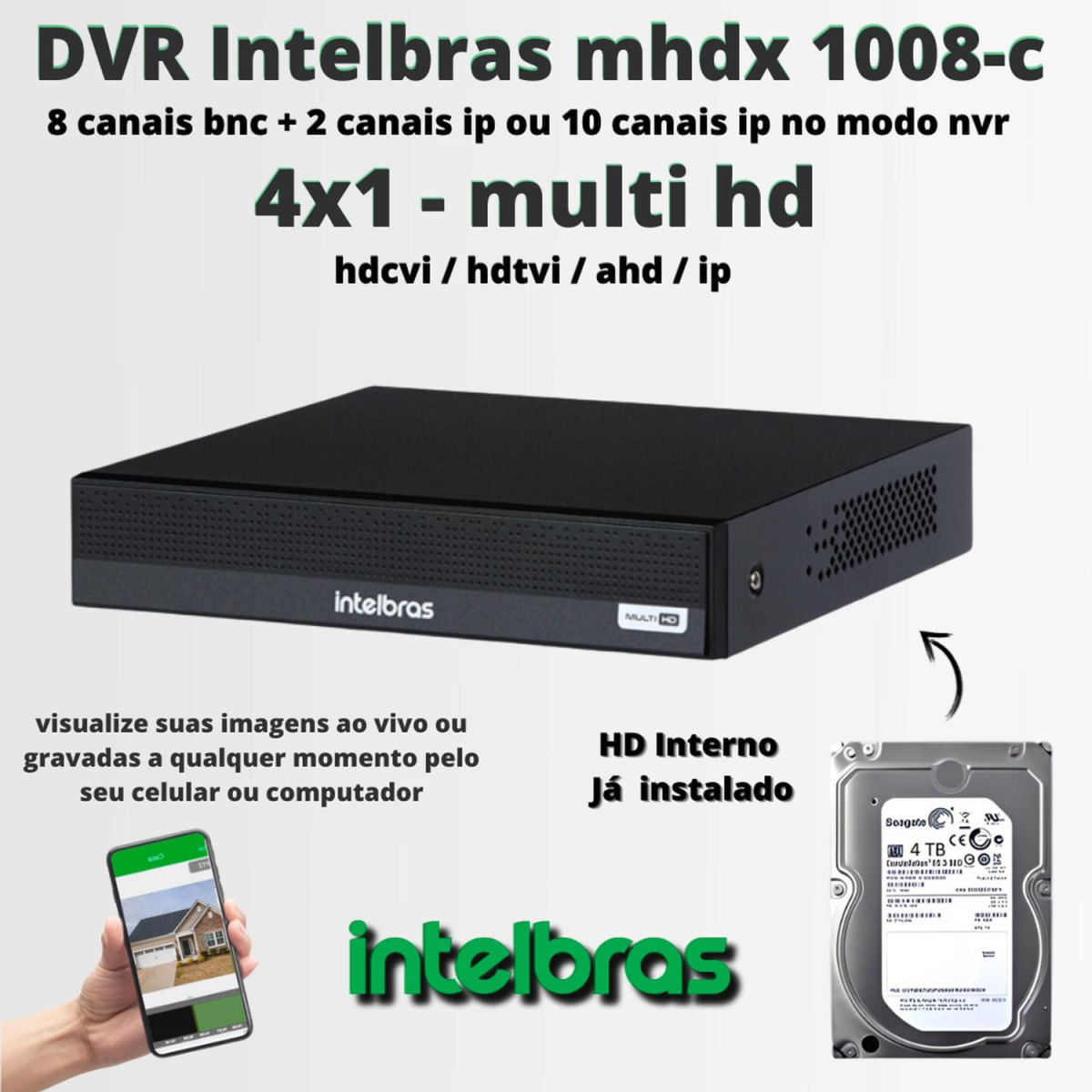 Kit 8 Câmeras Intelbras 6 1220B Full Hd 2 1220 Full color Dvr 3008-C Canais 4tb