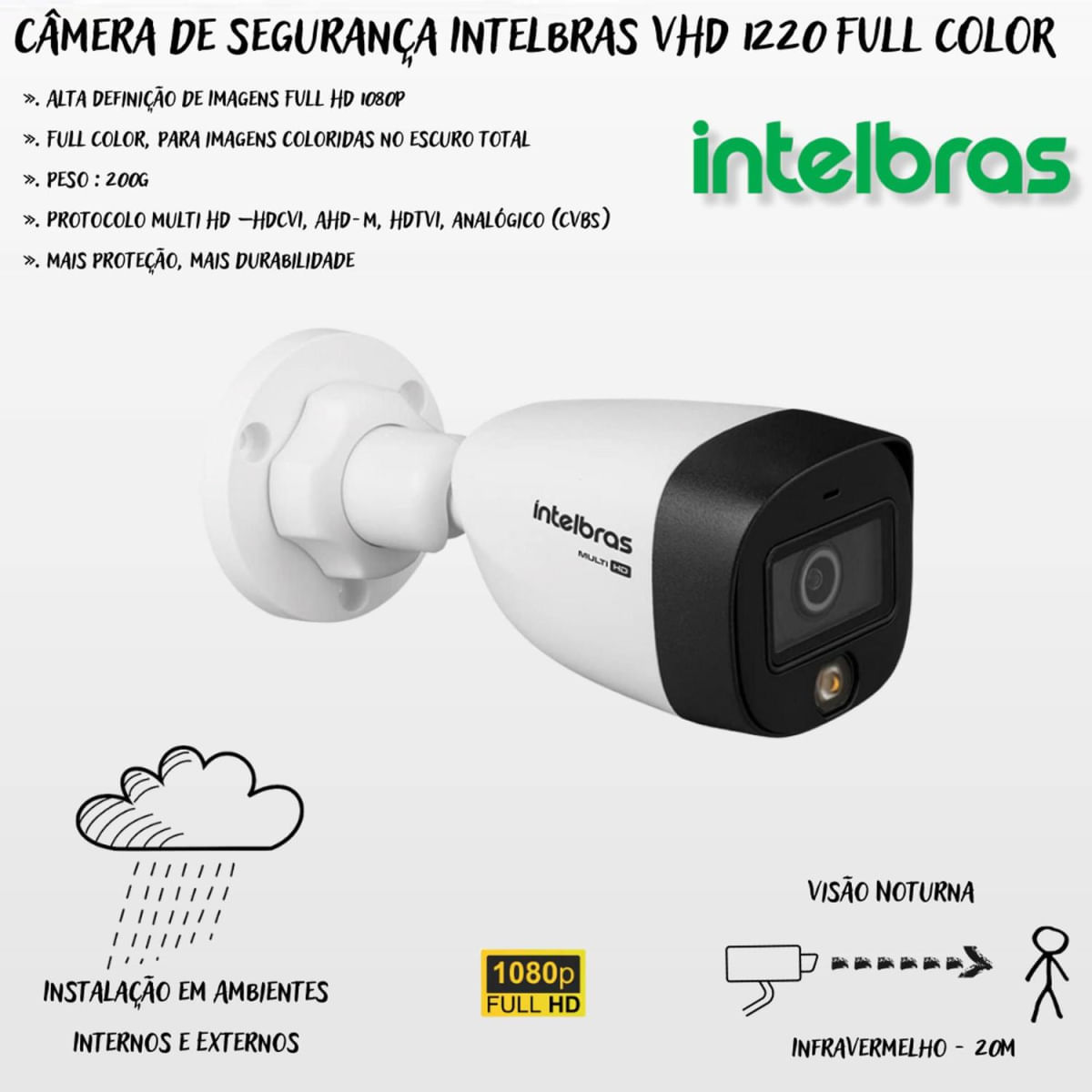 Kit 8 Câmeras Intelbras 6 1220B Full Hd 2 1220 Full color Dvr 3008-C Canais 4tb