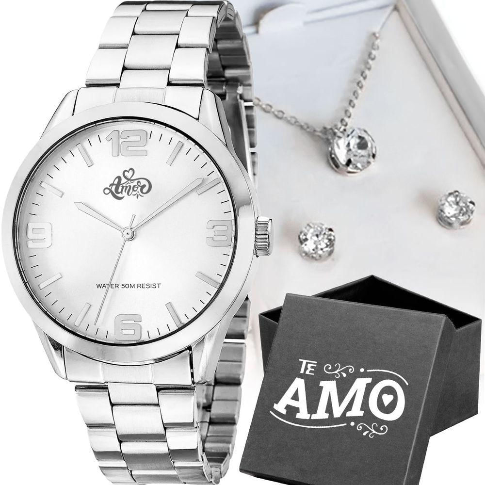Relogio Feminino Aço Inox Prata + Colar + Pulseira + Caixa Strass Qualidade Premium Original Social