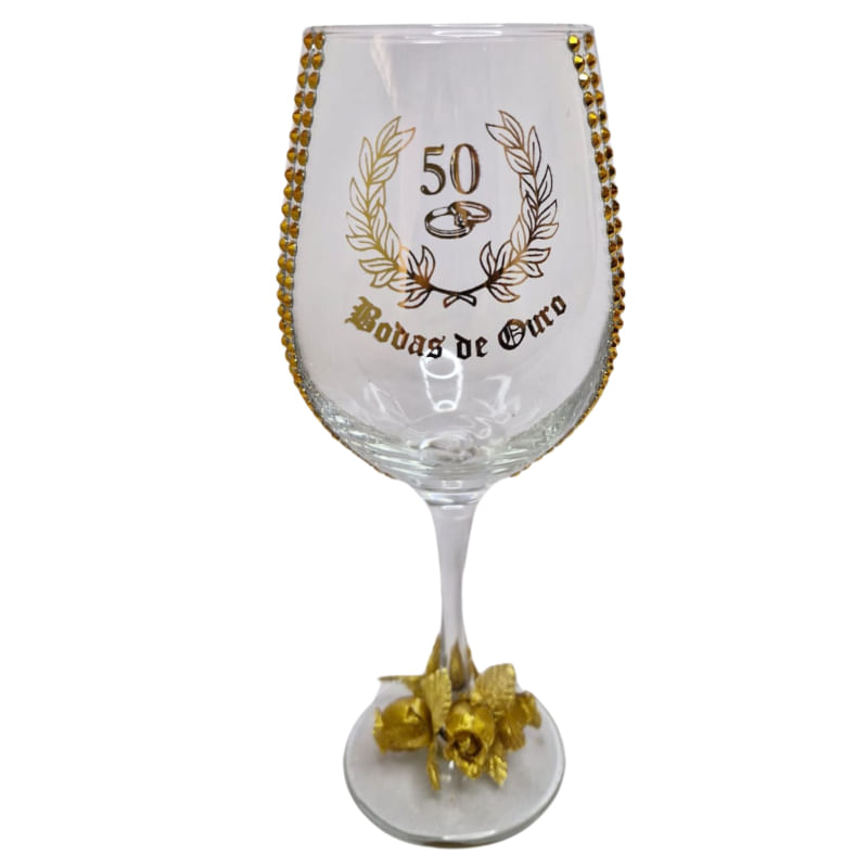 Taça Vidro Bodas de Ouro 50 Anos Rosas Casal Vinho