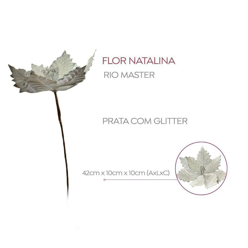 Flor Natalina Prata Com Glitter 42x10cm Rio Master