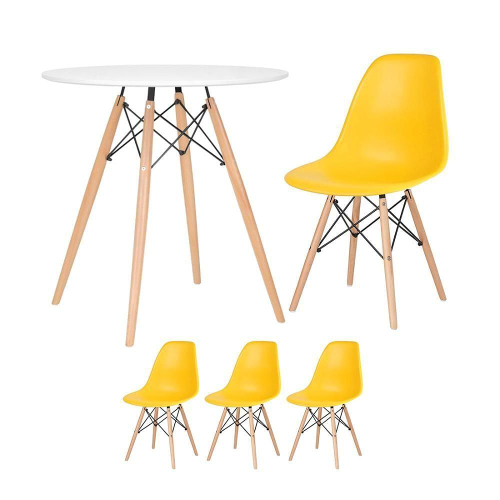 Mesa Redonda Eames 70 Cm Branco + 3 Cadeiras Eiffel Dsw Amarelo