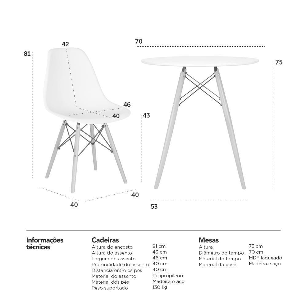 Mesa Eames 70 Cm Branco + 2 Cadeiras Eiffel Dsw Preto