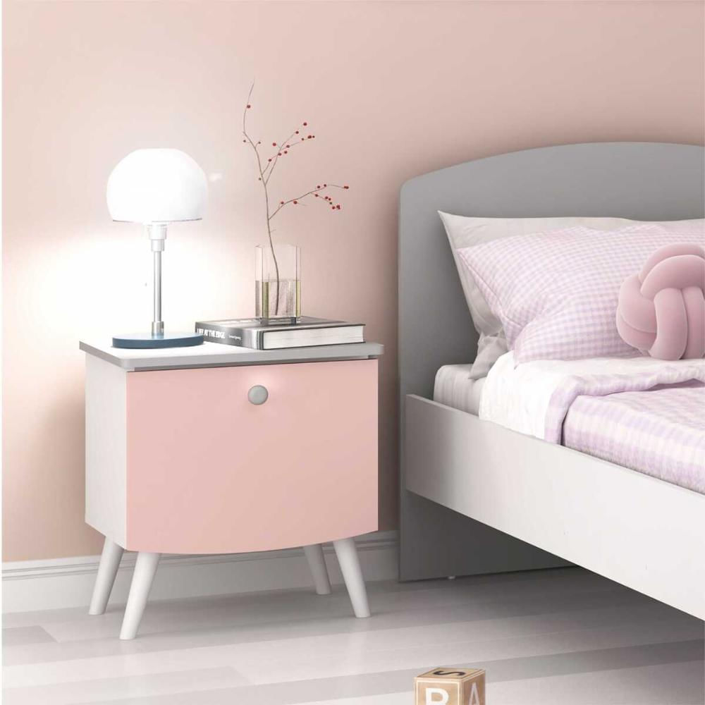 Mesa de Cabeceira 100% MDF com 1 gaveta Doçura Multimóveis Branco/Cinza/Rosa
