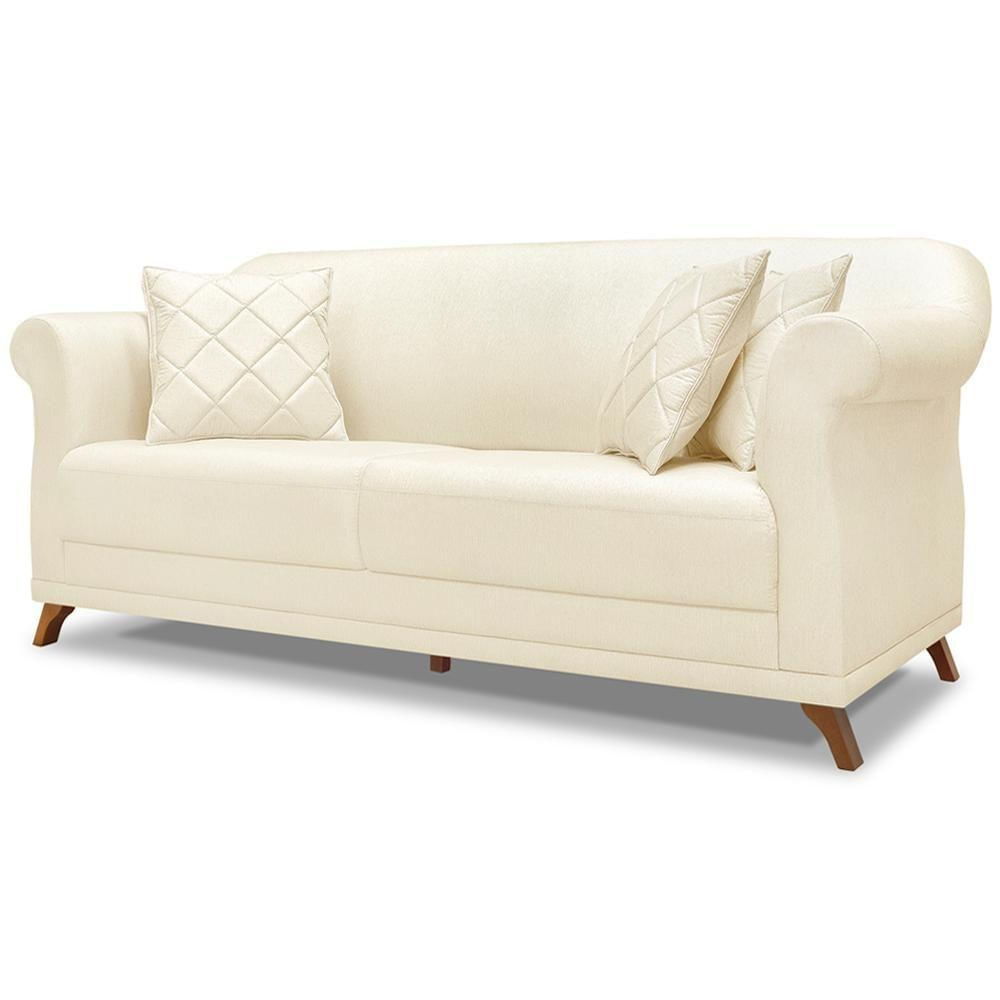 Sofa 3 Lugares Retro Polo 200cm Com Almofada Linho Perola Ezz Perola