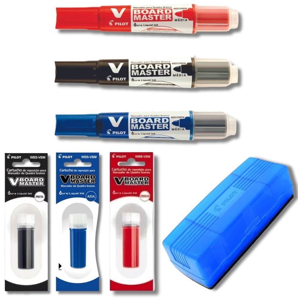 Kit 3 Marcadores Quadro Branco Recarregável + 3 Refil Marcador + Apagador De Quadro Branco Pilot Azul, Preto E Vermelho