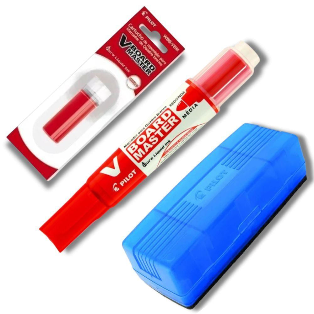 Kit Marcador Quadro Branco Recarregável + Refil Marcador + Apagador De Quadro Branco Pilot Vermelho