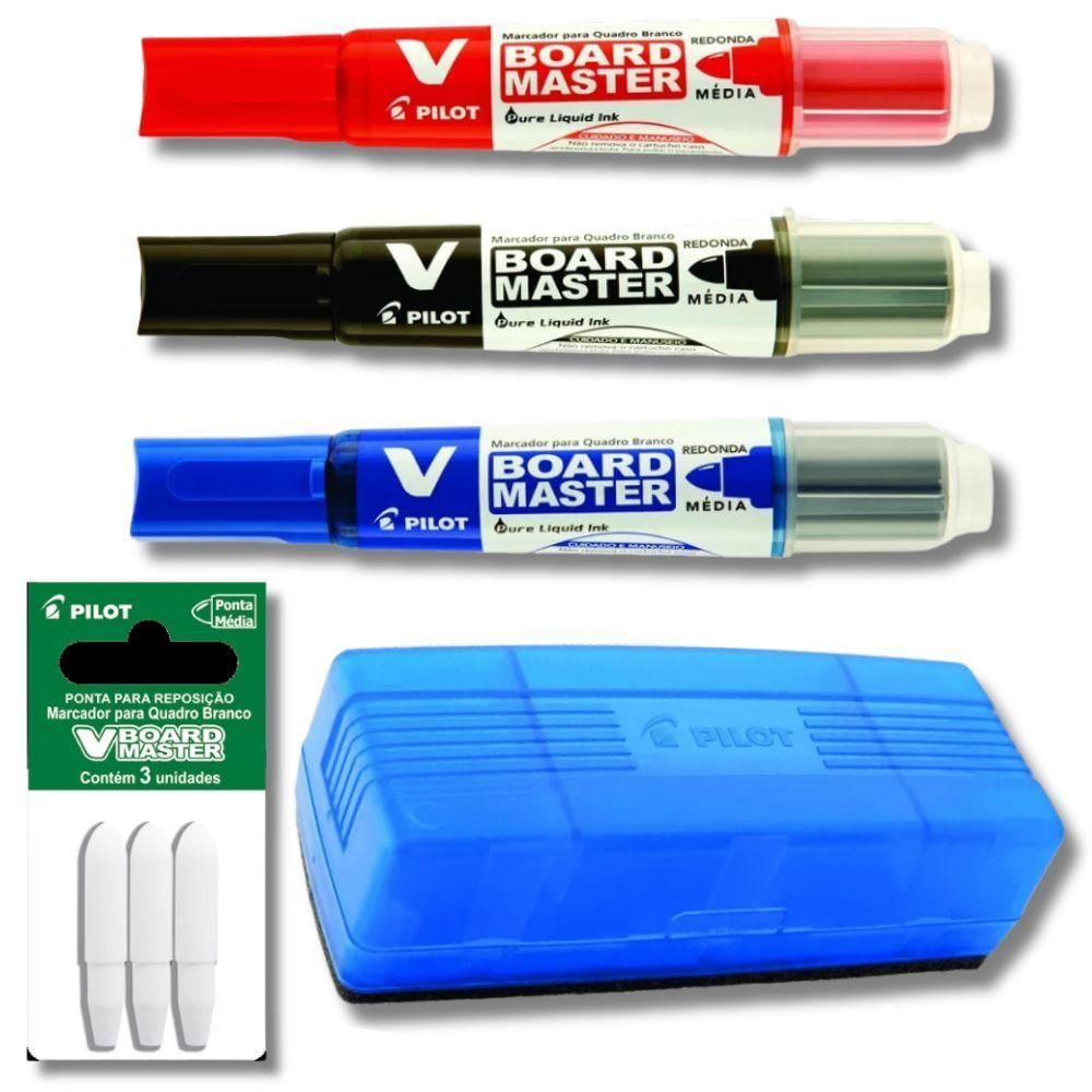 Kit 3 Marcadores Quadro Branco Recarregável + Apagador + Refil De Ponta Pilot Azul, Preto E Vermelho