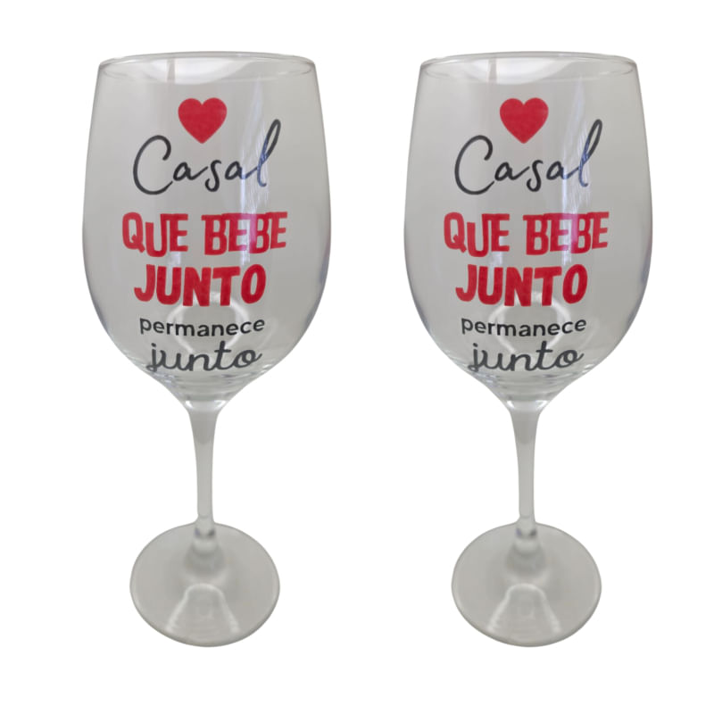 Kit 2 Taças Frase Casal Bebe Junto Amor Personalizada Vinho