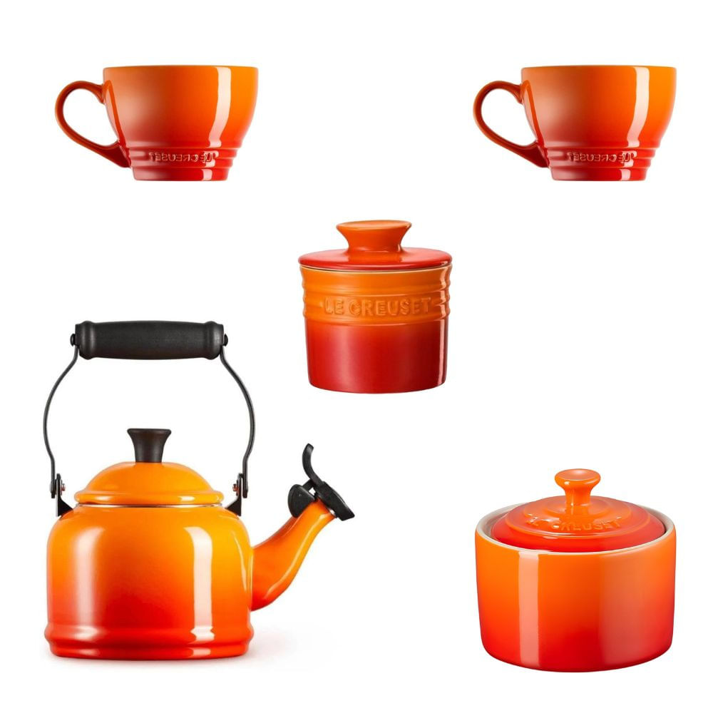 KIT LE CREUSET AÇUCAREIRO POTE DE MANTEIGA 2 CANECAS BISTRÔ 400ML E CHALEIRA DEMI 1L LARANJA