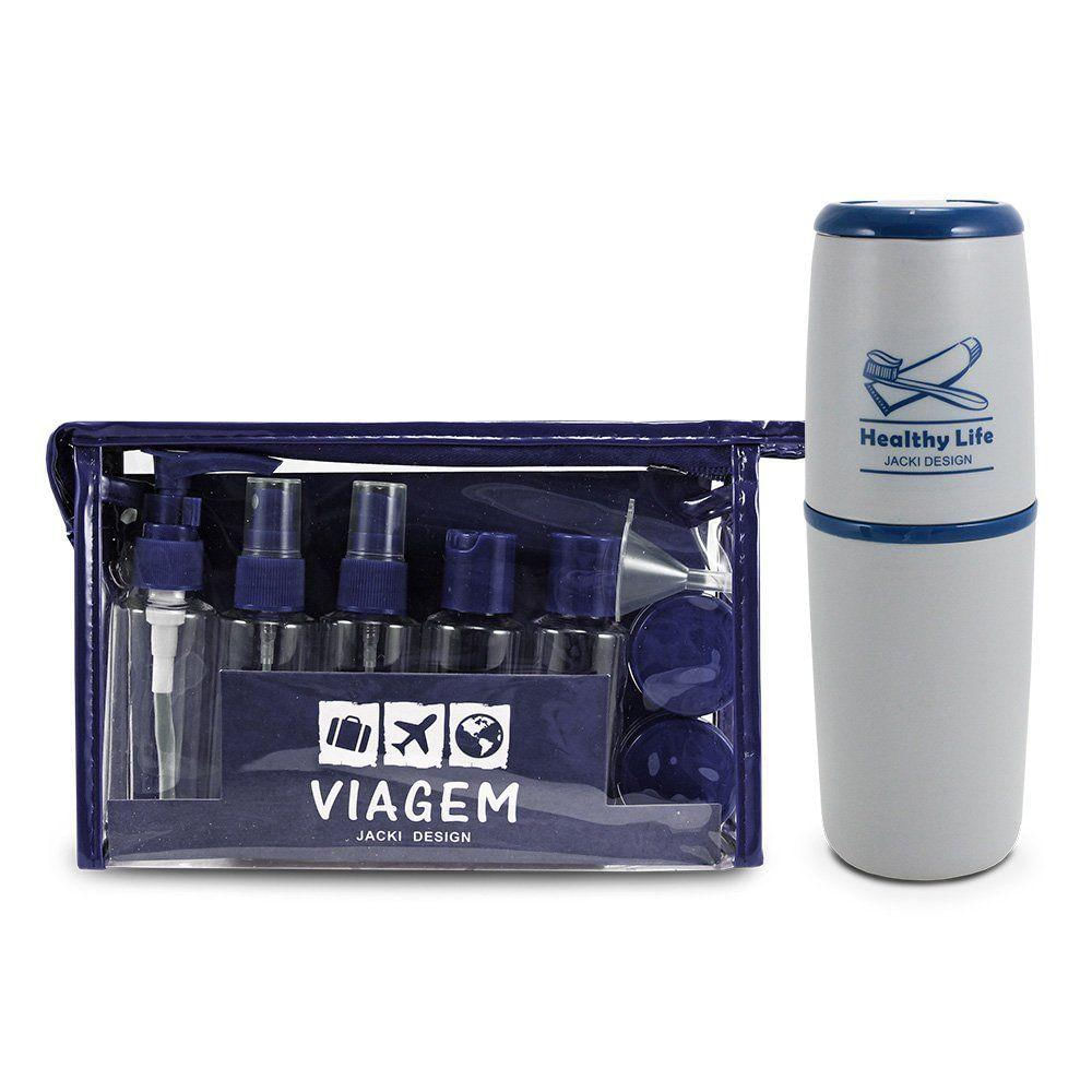 Conjunto De Frascos Com 10 Peças E Porta Escova E Pasta De Dente - Jacki Design Azul