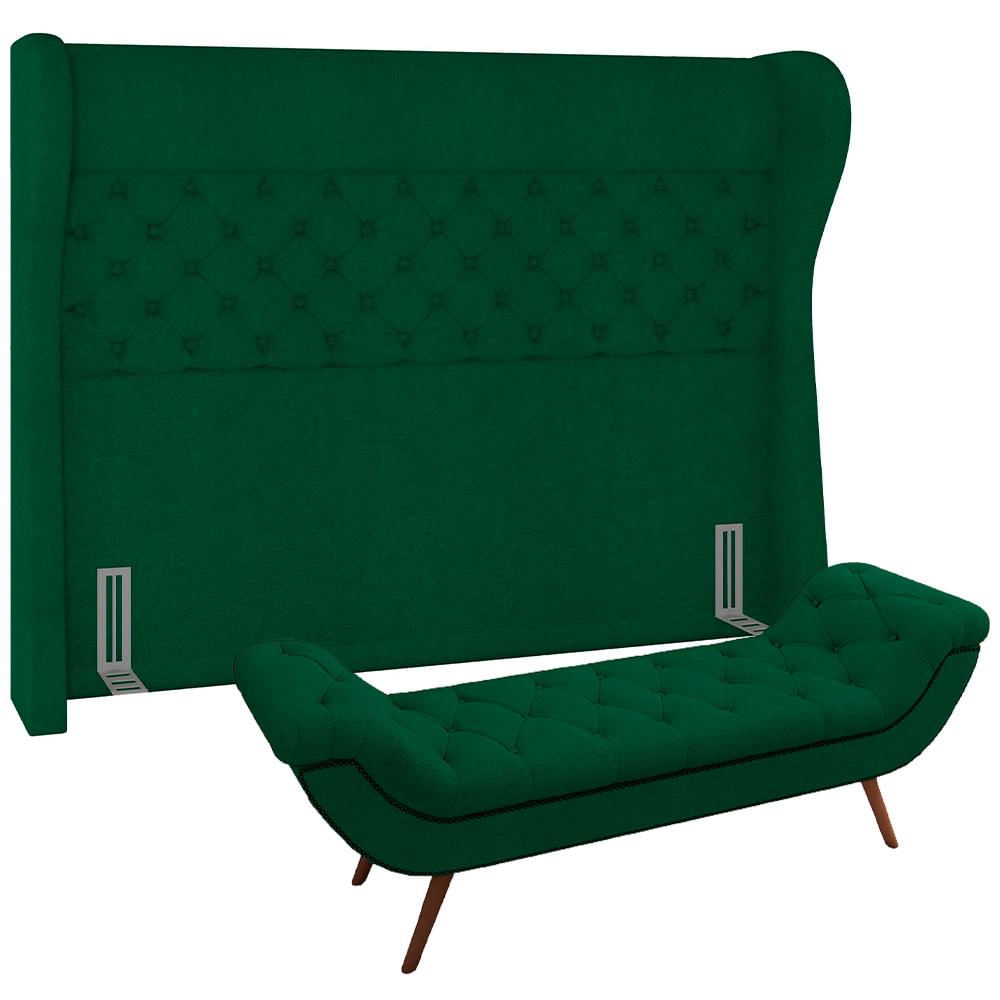 Kit Cabeceira Cama Box Casal 140 cm Madrid com Puff Recamier Santorini Bouclê Verde - Lyam Decor