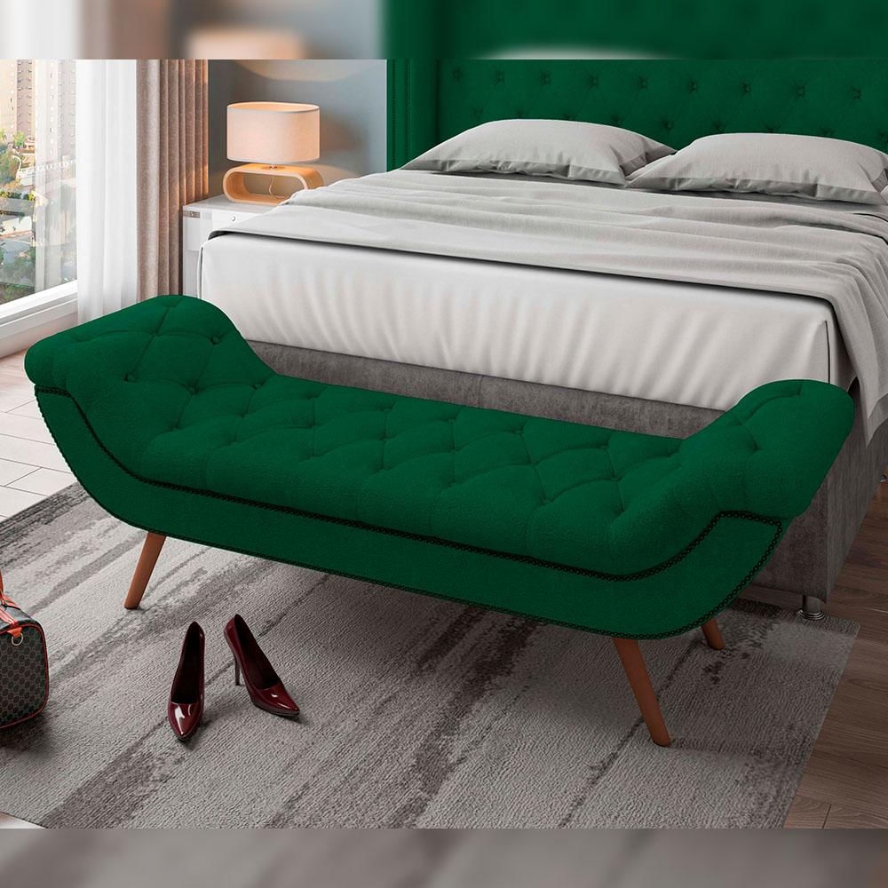 Kit Cabeceira Cama Box Casal 140 cm Madrid com Puff Recamier Santorini Bouclê Verde - Lyam Decor