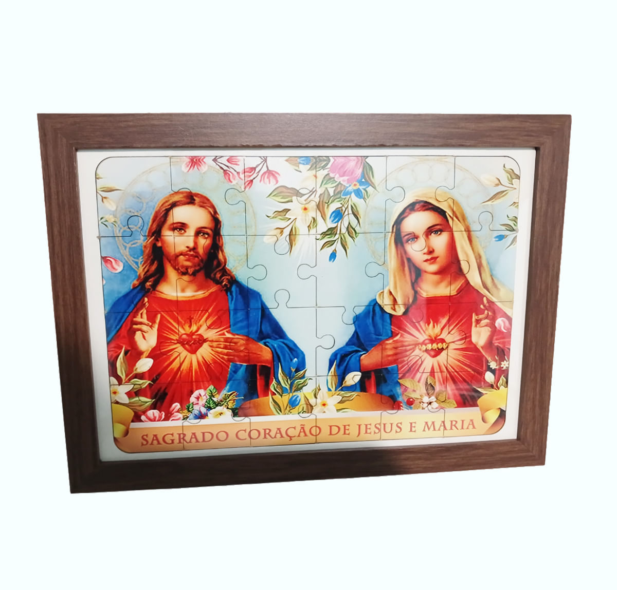 Quadro Quebra-cabeça MDF 24 peças Sagrado Coração de Jesus e Maria