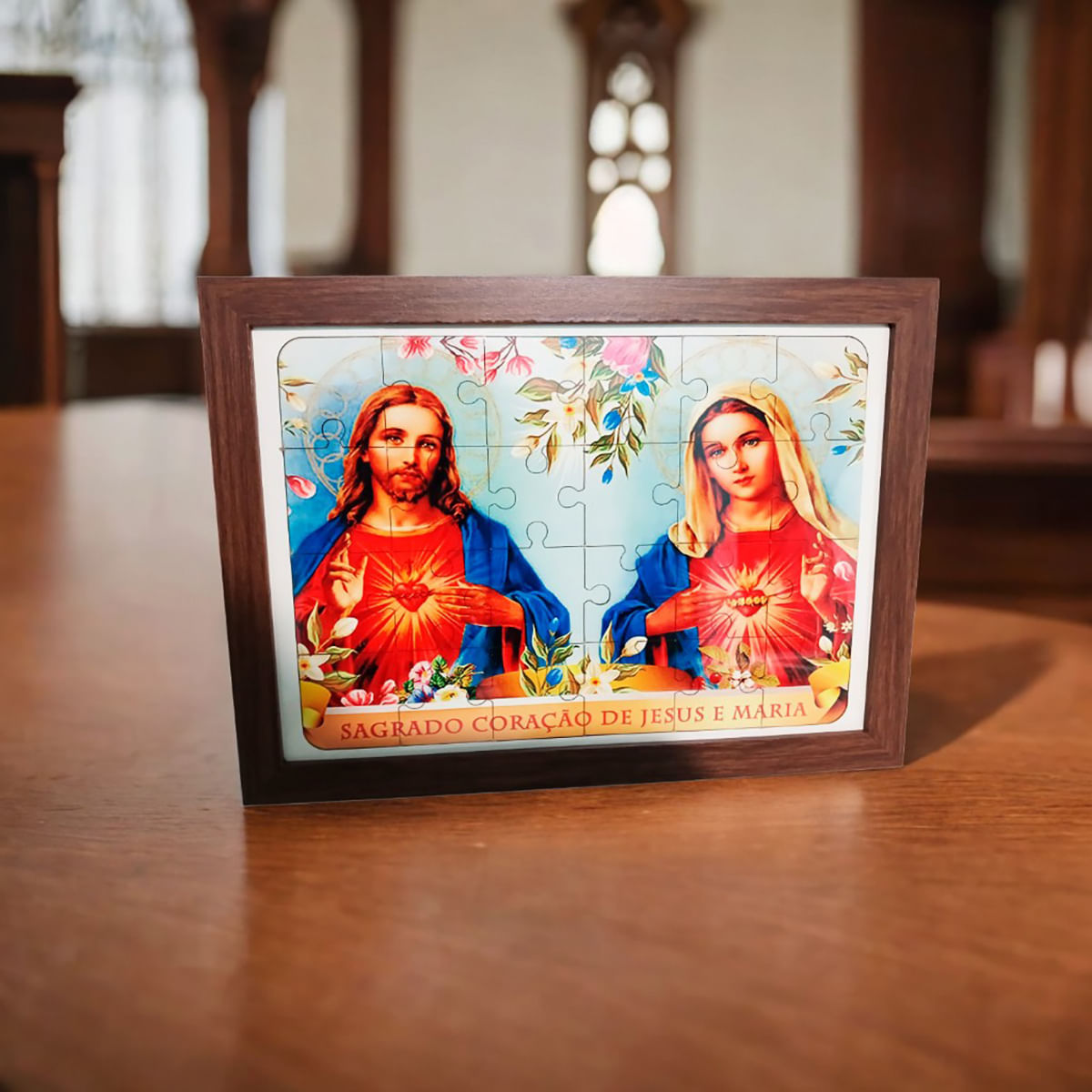 Quadro Quebra-cabeça MDF 24 peças Sagrado Coração de Jesus e Maria