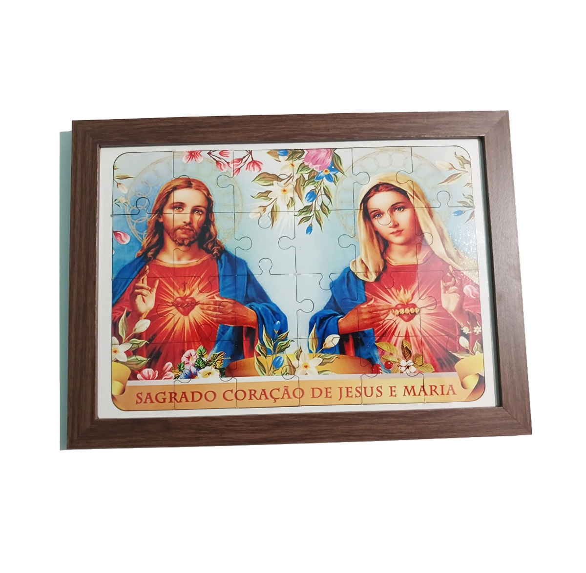 Quadro Quebra-cabeça MDF 24 peças Sagrado Coração de Jesus e Maria