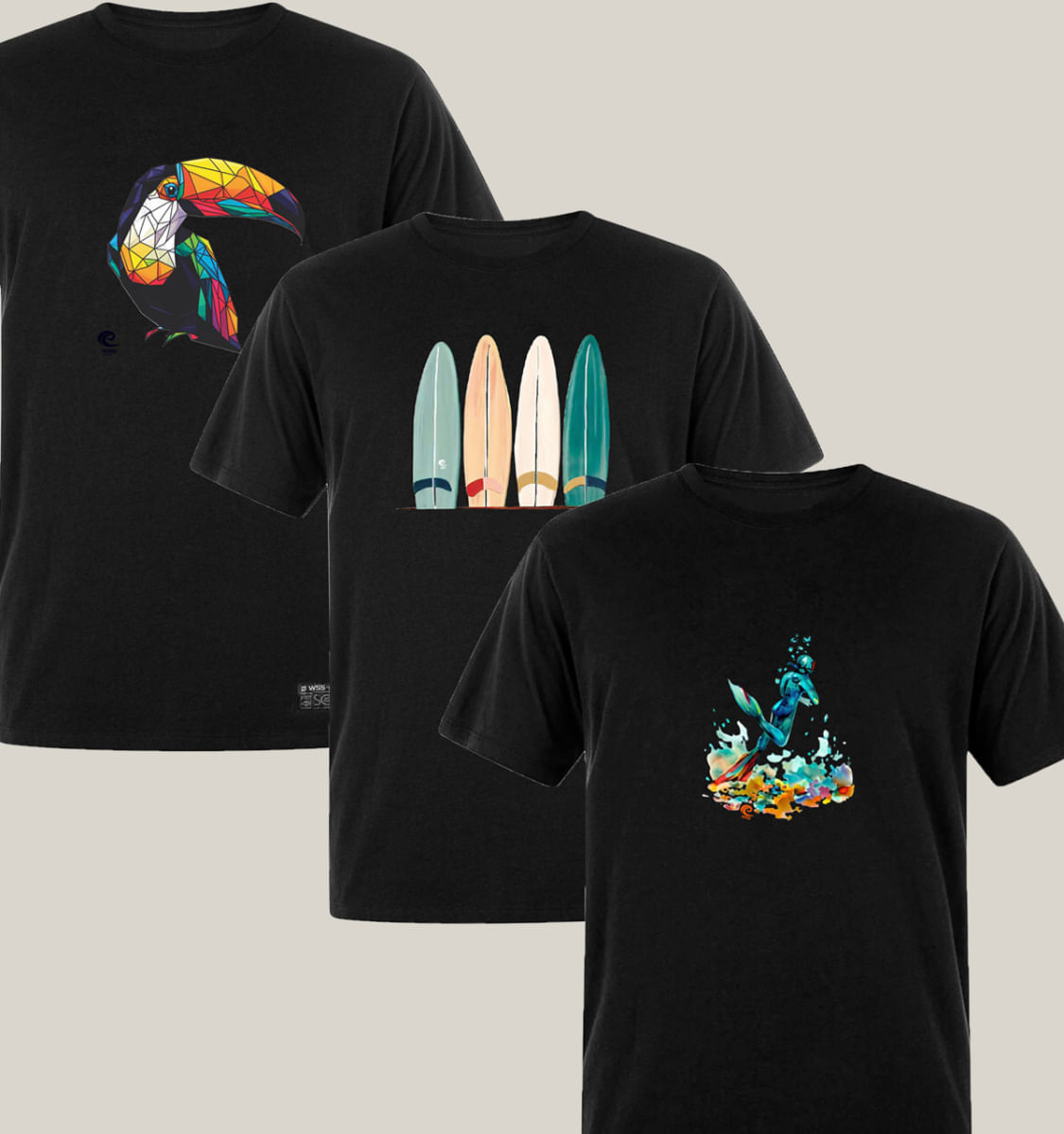 Kit 3 Camisetas Masculinas Pretas Algodão Prime WSS Brasil: Dive, Toucan e Artistic Surf