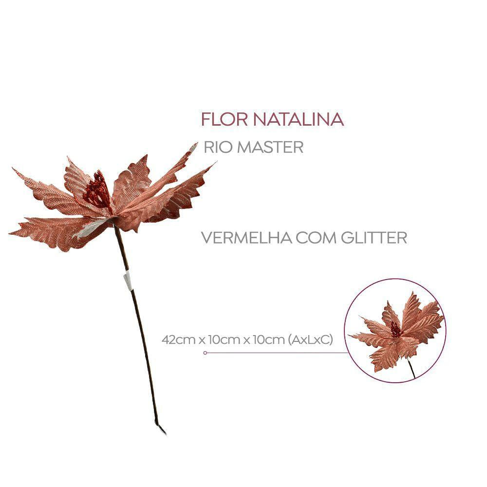 Flor Natalina Vermelha Com Glitter 42x10cm Rio Master