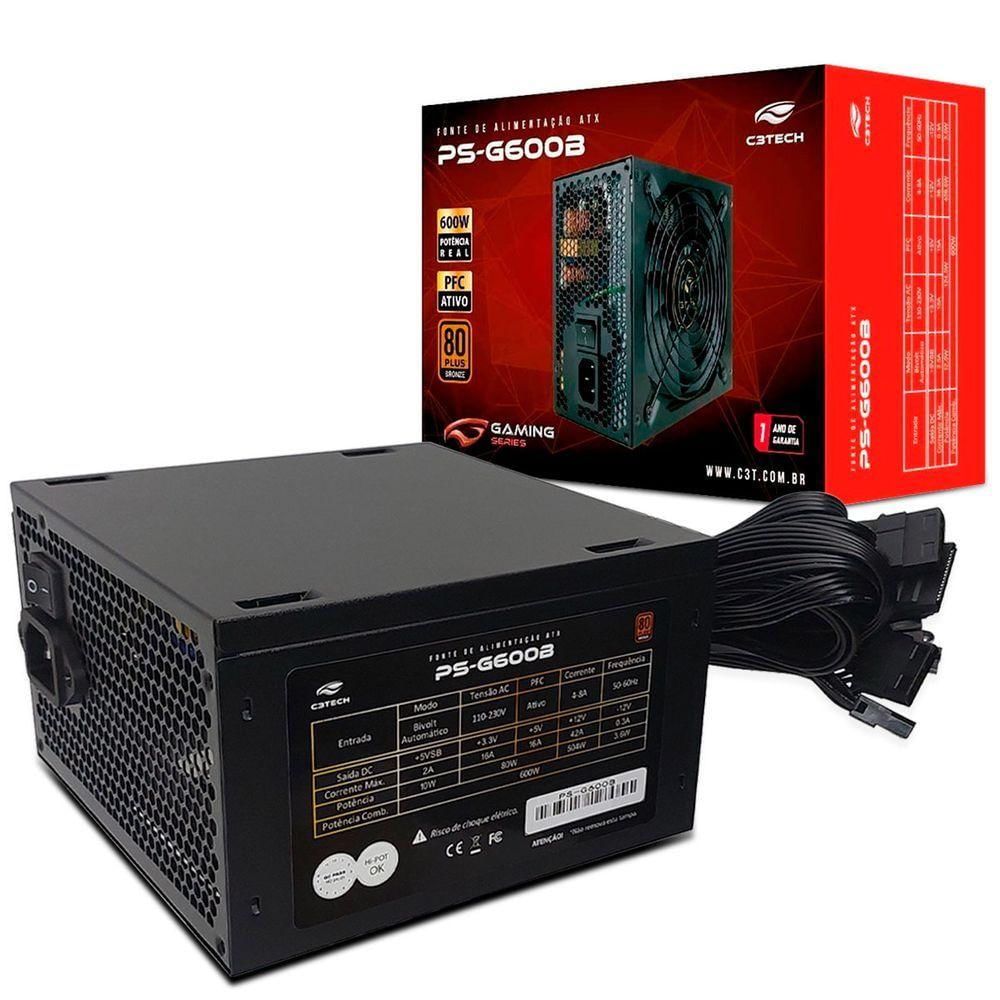 Fonte Gamer Atx 600w C3tech Ps-g600b, 80 Plus Bronze, Pfc Ativo, Bivolt Automático