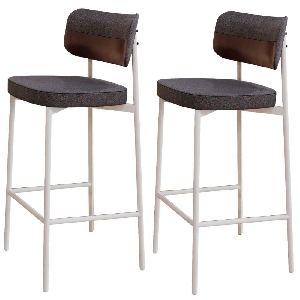 Kit 02 Banquetas Alta Bar Cozinha Sala De Jantar Aço Branco Kaira C01 Linho Preto Courino Café - Lyam Decor