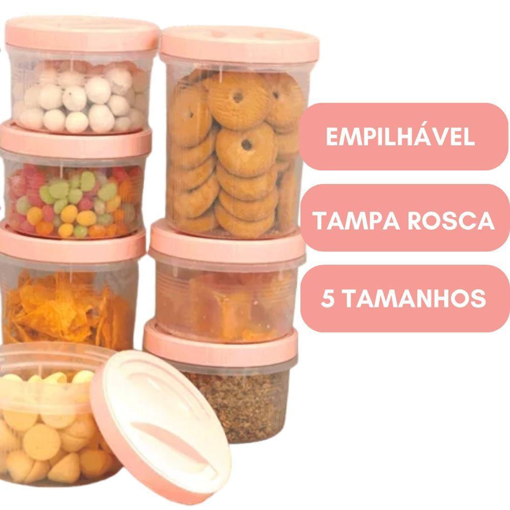 Porta Mantimento Conjunto De Potes Tampa Com Rosca 5 Peças - Rosa