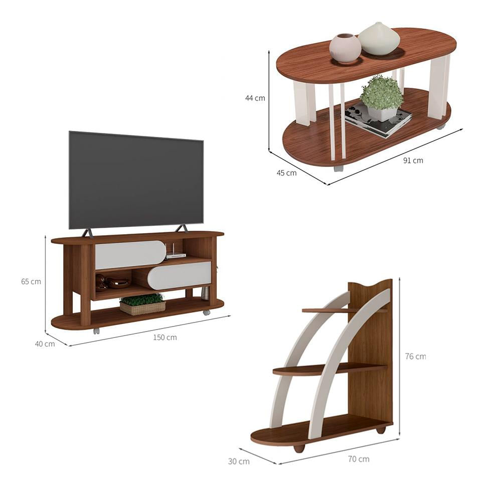 Conjunto para Sala de Estar Mundi com Rack para TV até 65 Polegadas, Mesa de Centro e Mesa Lateral Cedro e Off White