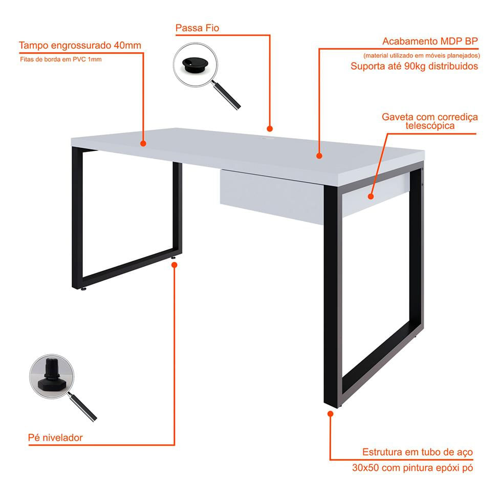 Mesa de Escritório Retangular Miguel 1 GV Branca e Preta 150 cm