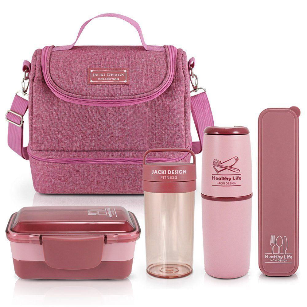 Bolsa Térmica Com 2 Compartimentos Pote Marmita e Garrafa Porta Talher e Porta Escova Rosa