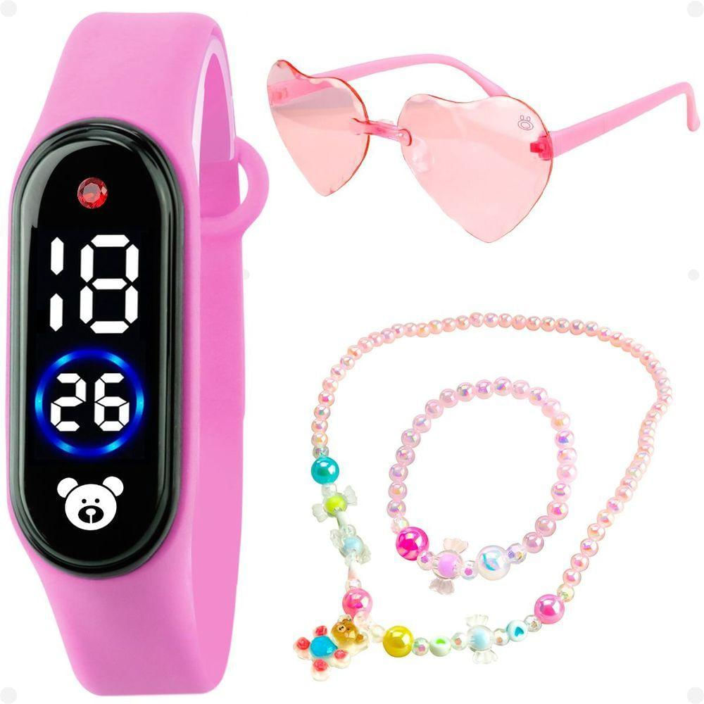 Relogio Digital Infantil Led + Colar Pink Garota Presente Ursinho Social Led Ajustavel Miçanga