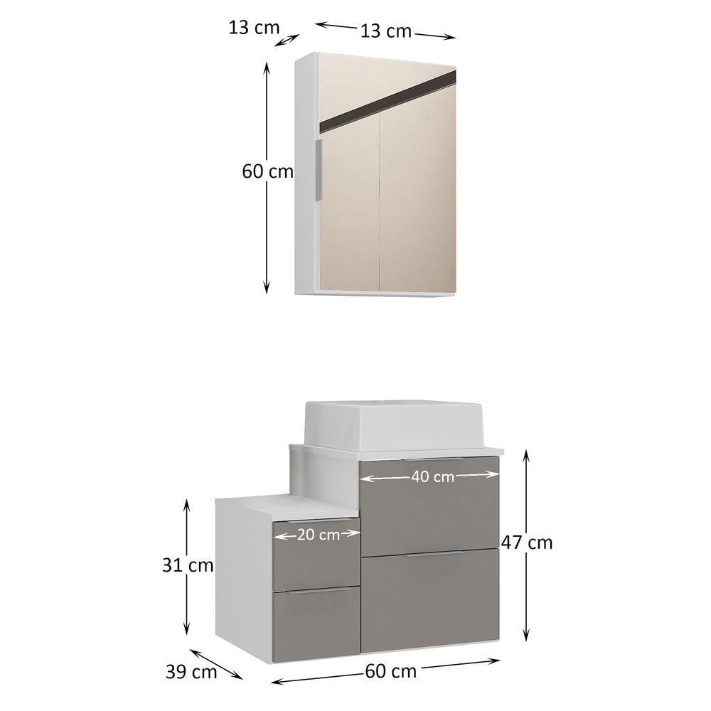 Conjunto Gabinete Banheiro Nivus 60 (gabinete+espelheira+cuba) Branco Cinza