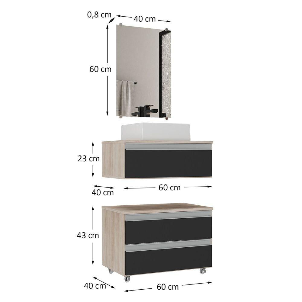 Conjunto Gabinete Banheiro Creta 60cm (gabinete+espelheira+cuba) Madeirado Preto