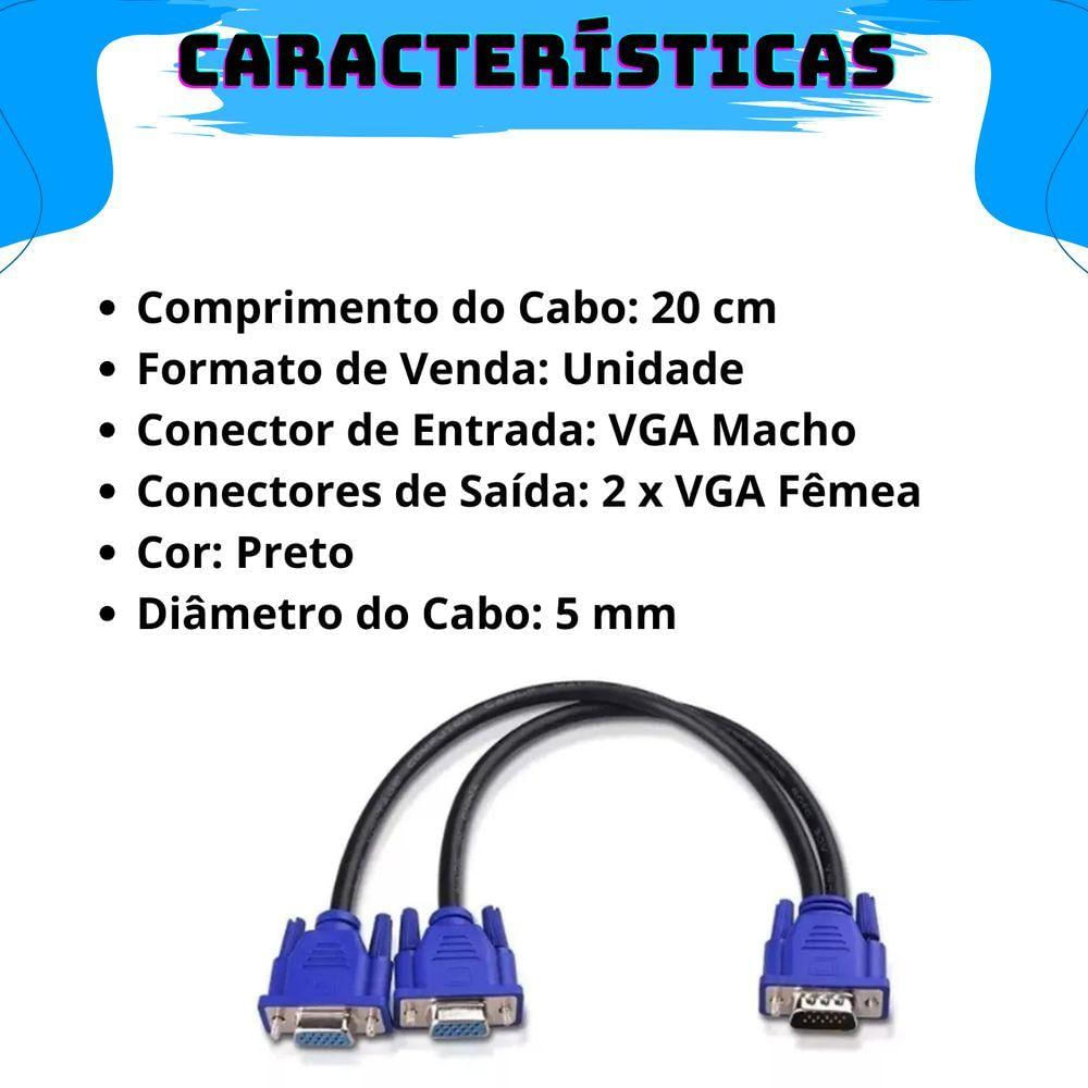 Cabo Adaptador Splitter Duplicador Vga Y 1 Macho X 2 Femeas