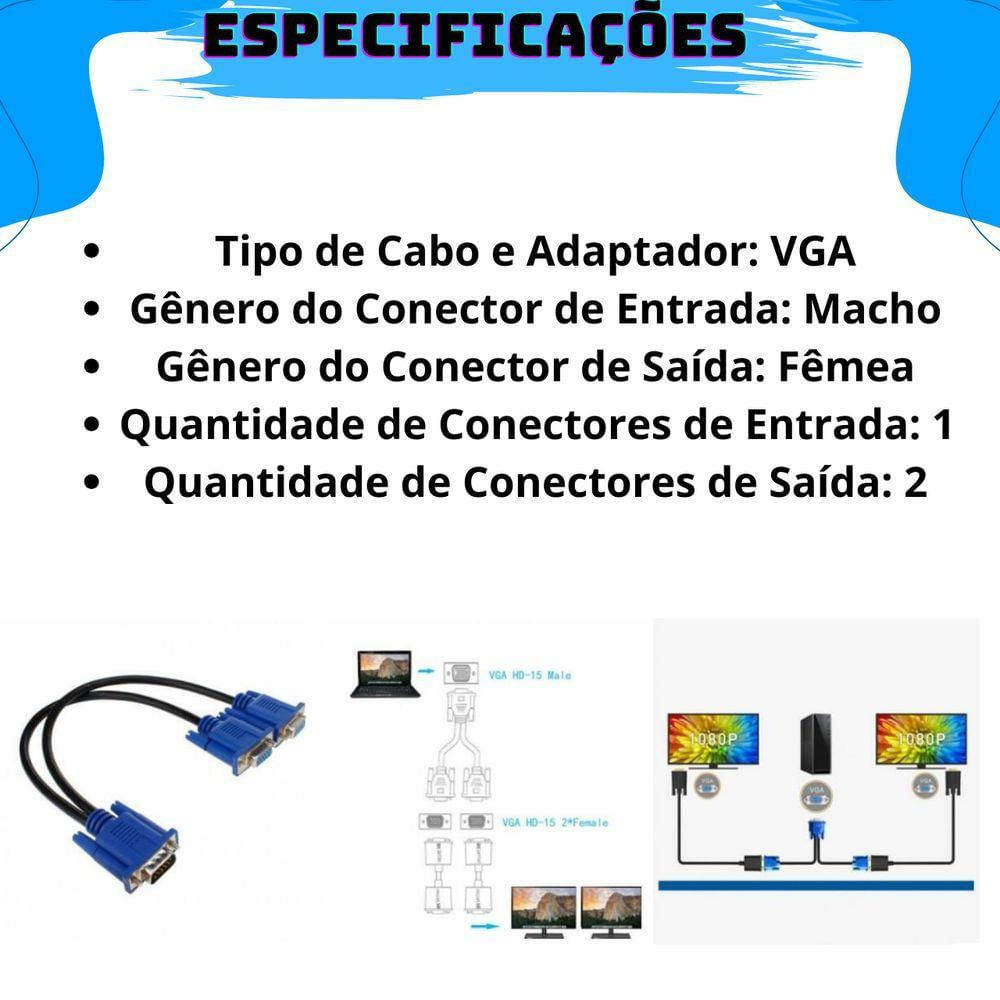 Cabo Adaptador Splitter Duplicador Vga Y 1 Macho X 2 Femeas