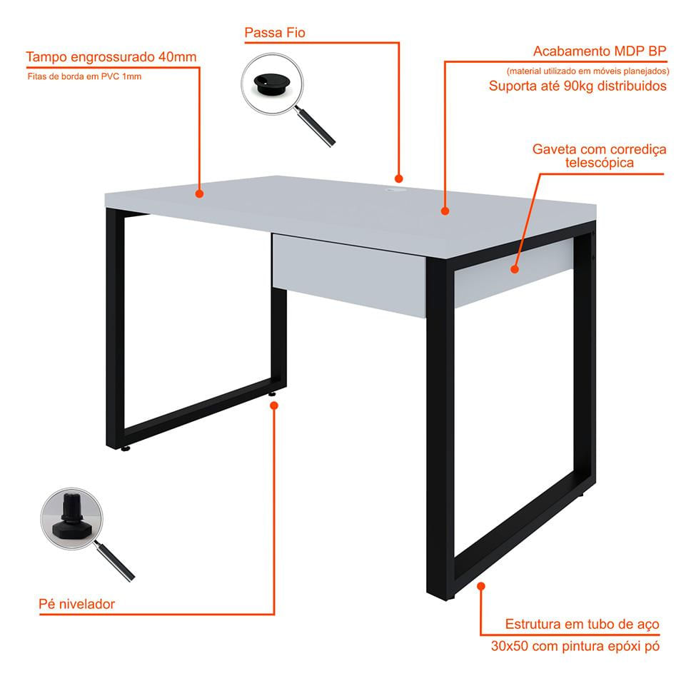 Mesa de Escritório Retangular Miguel 1 GV Branca e Preta 120 cm