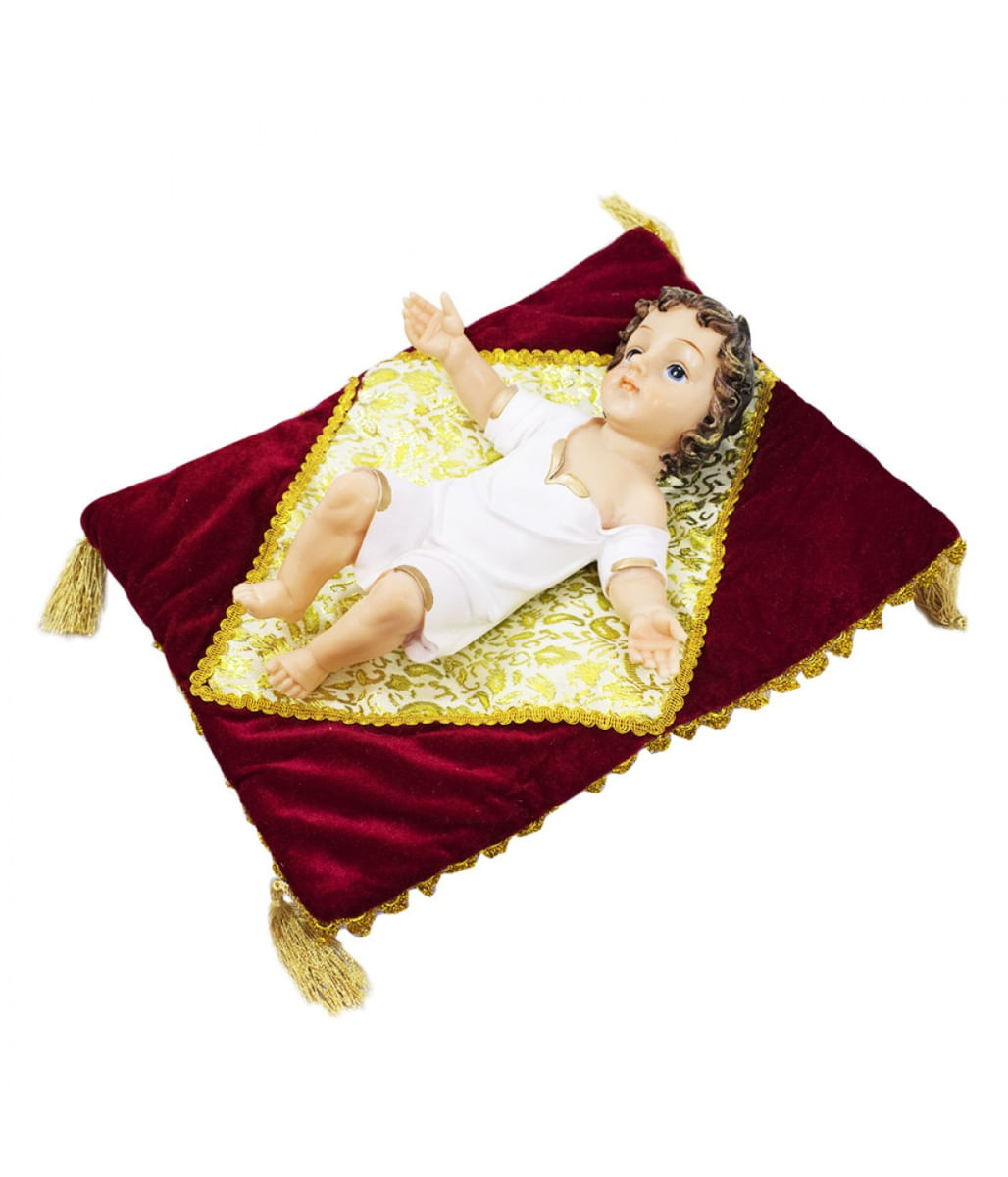 Menino Jesus Roupa Branca Na Almofada 37cm - Enfeite Resina - Tudo em Caixa