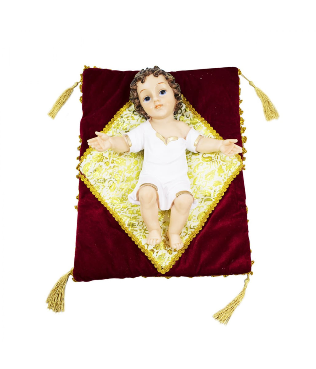 Menino Jesus Roupa Branca Na Almofada 37cm - Enfeite Resina - Tudo em Caixa